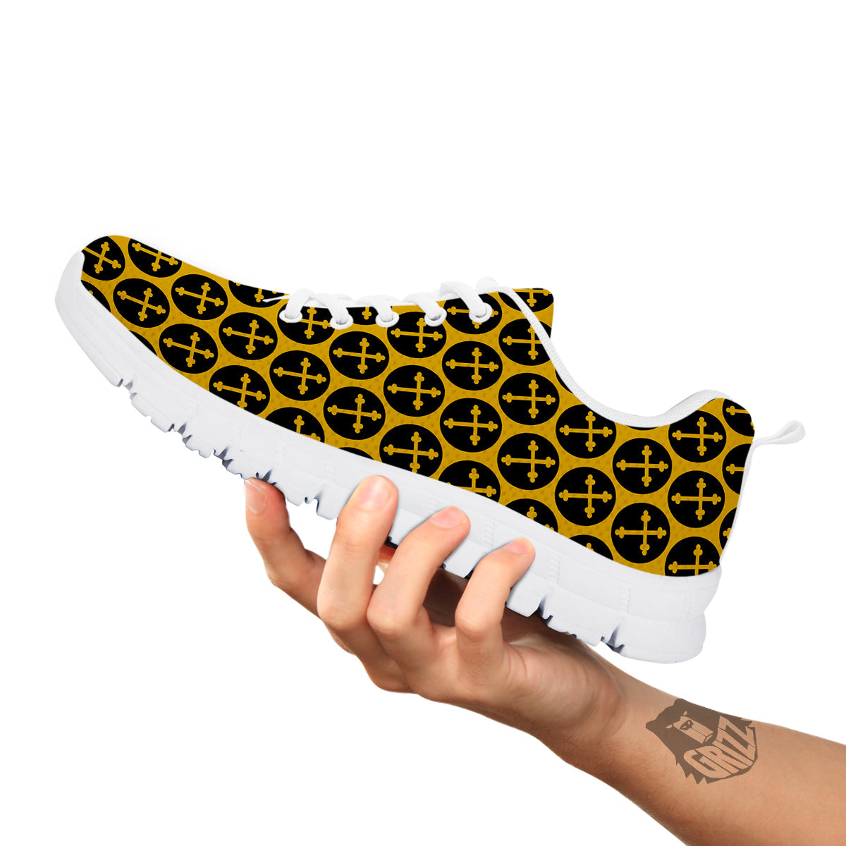 Orthodox Gold And Black Print Pattern White Sneaker-grizzshop
