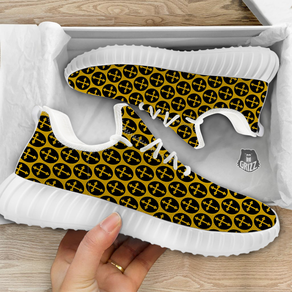 Orthodox Gold And Black Print Pattern White Walking Shoes-grizzshop
