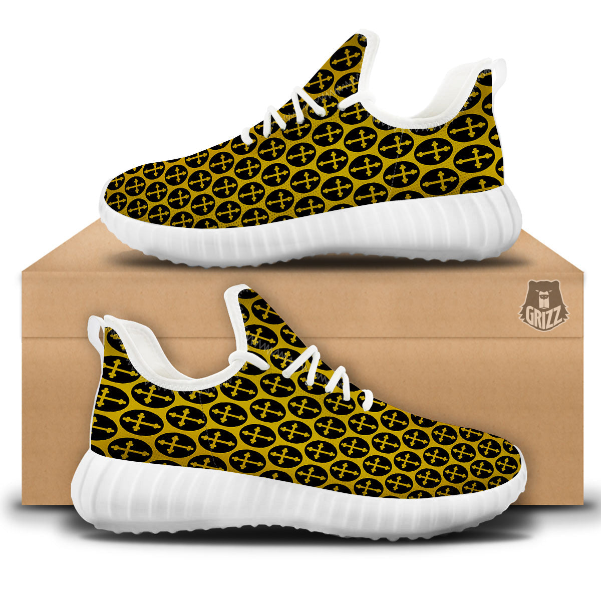 Orthodox Gold And Black Print Pattern White Walking Shoes-grizzshop