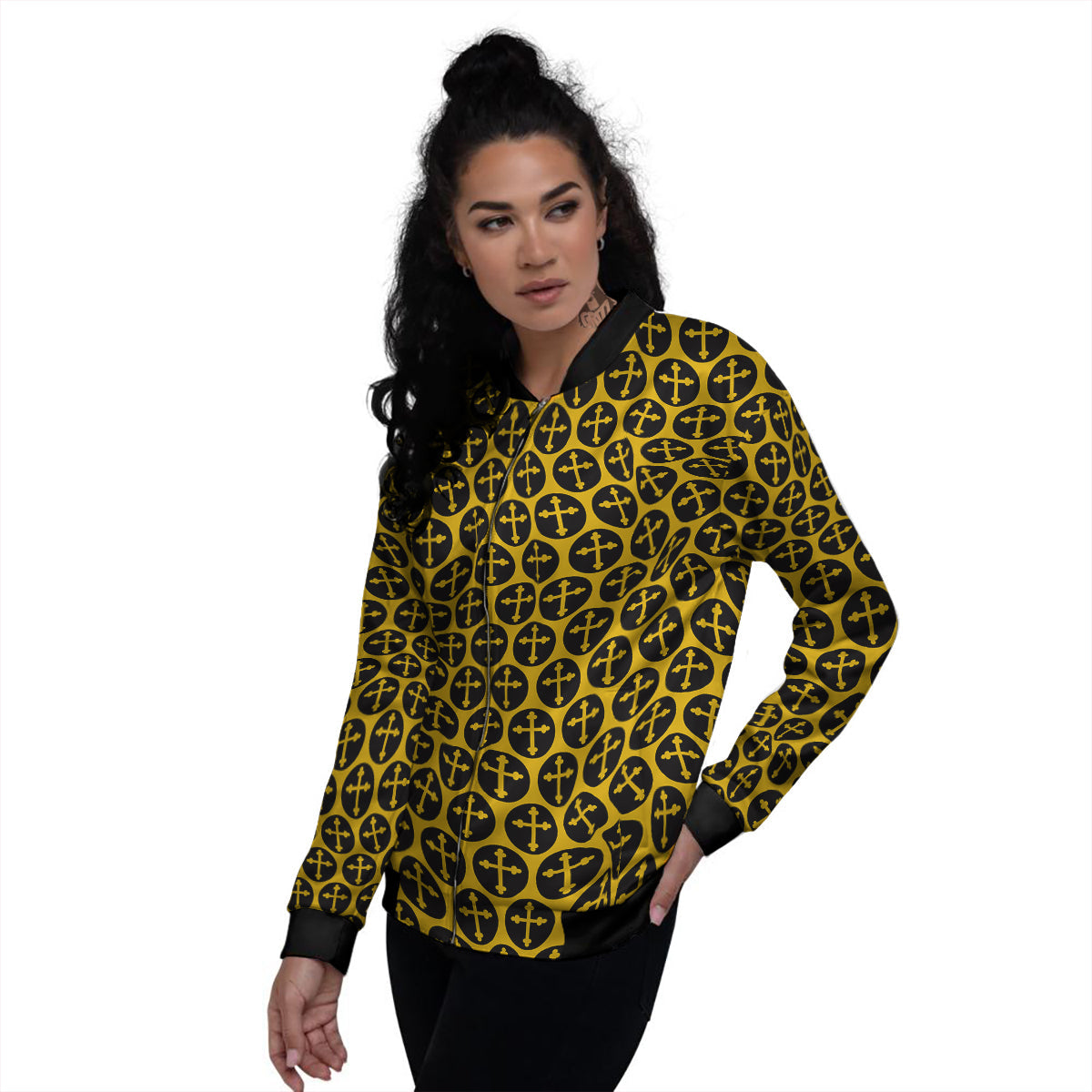Orthodox Gold And Black Print Pattern Women's Bomber Jacket-grizzshop