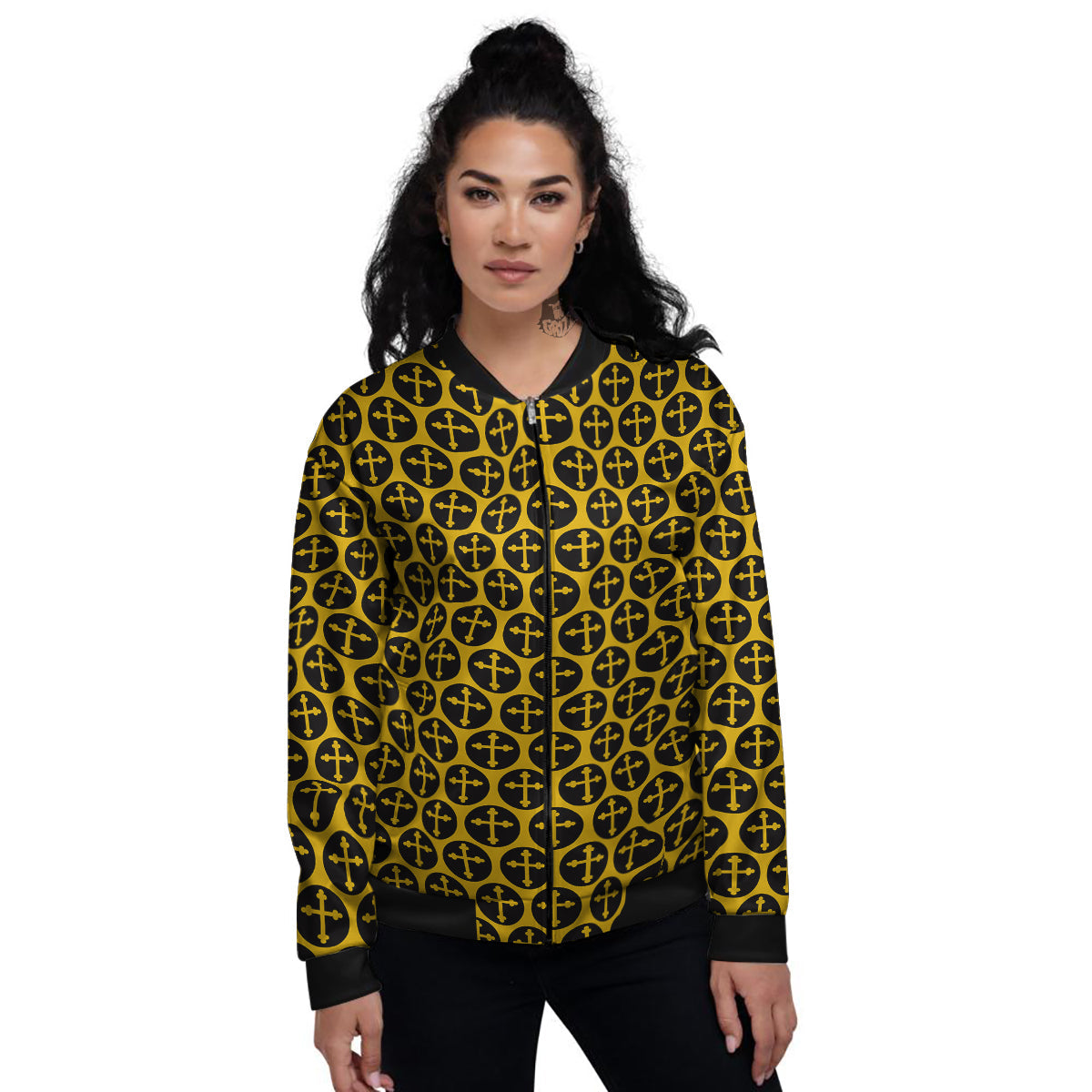 Orthodox Gold And Black Print Pattern Women's Bomber Jacket-grizzshop