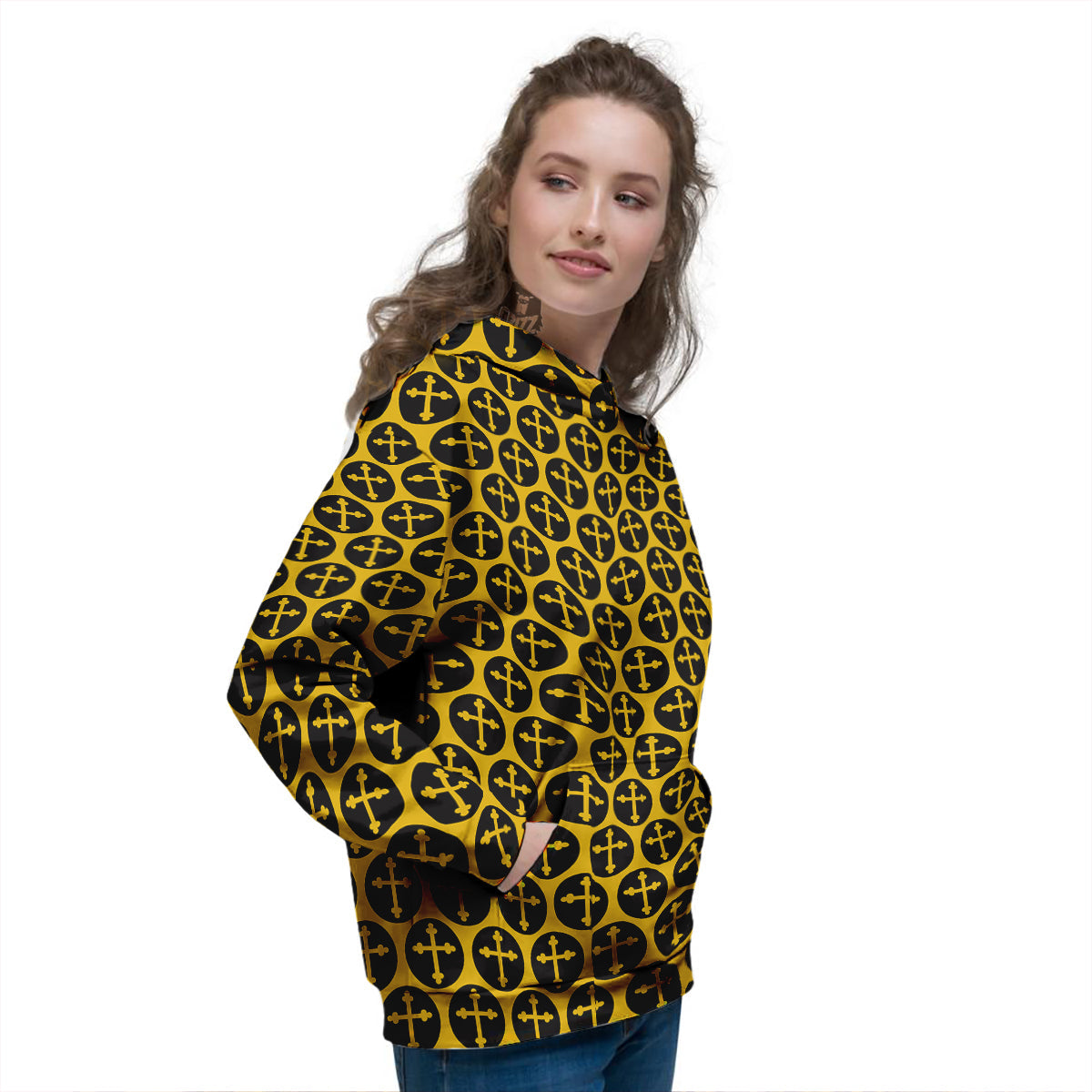 Orthodox Gold And Black Print Pattern Women's Hoodie-grizzshop