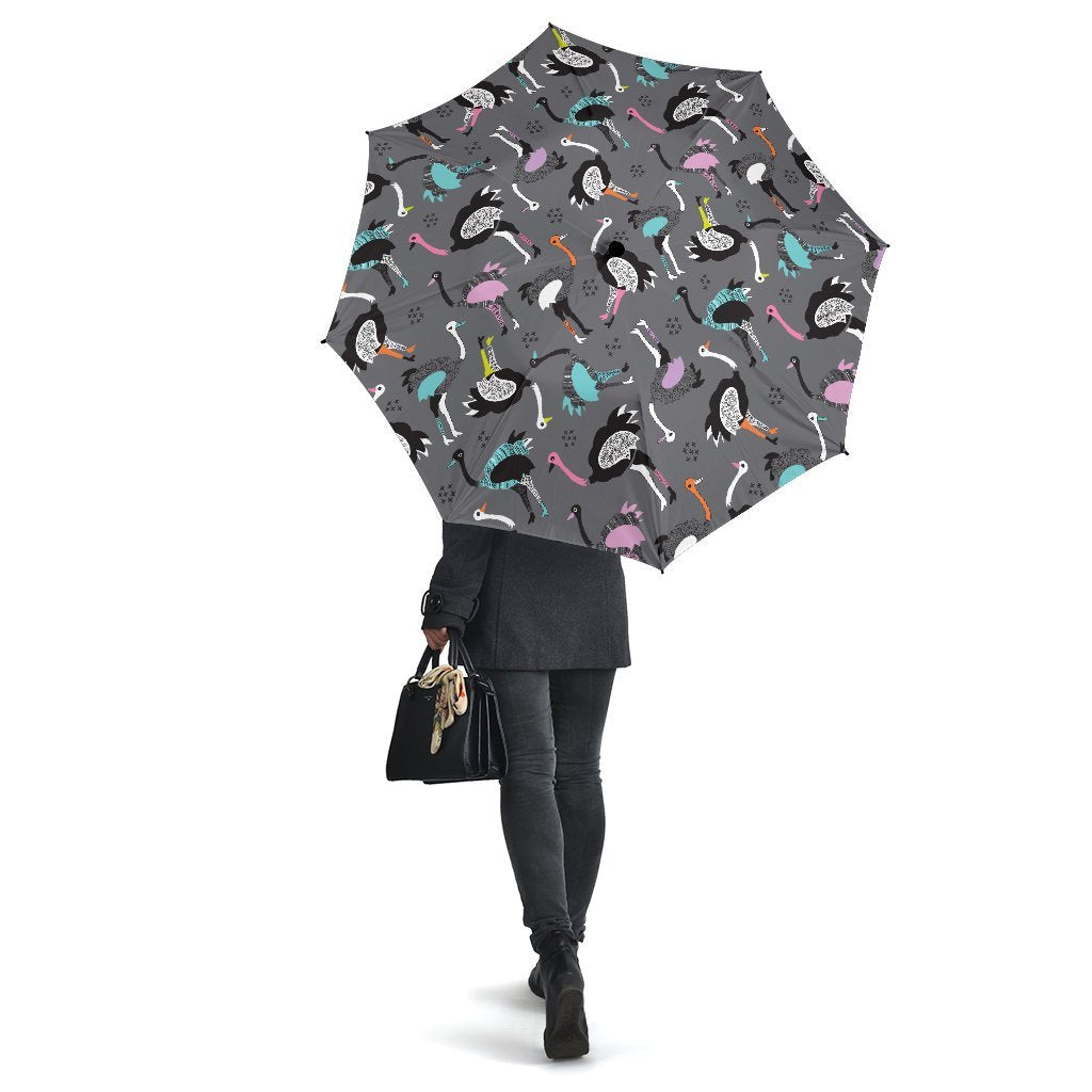 Ostrich Pattern Print Automatic Foldable Umbrella-grizzshop