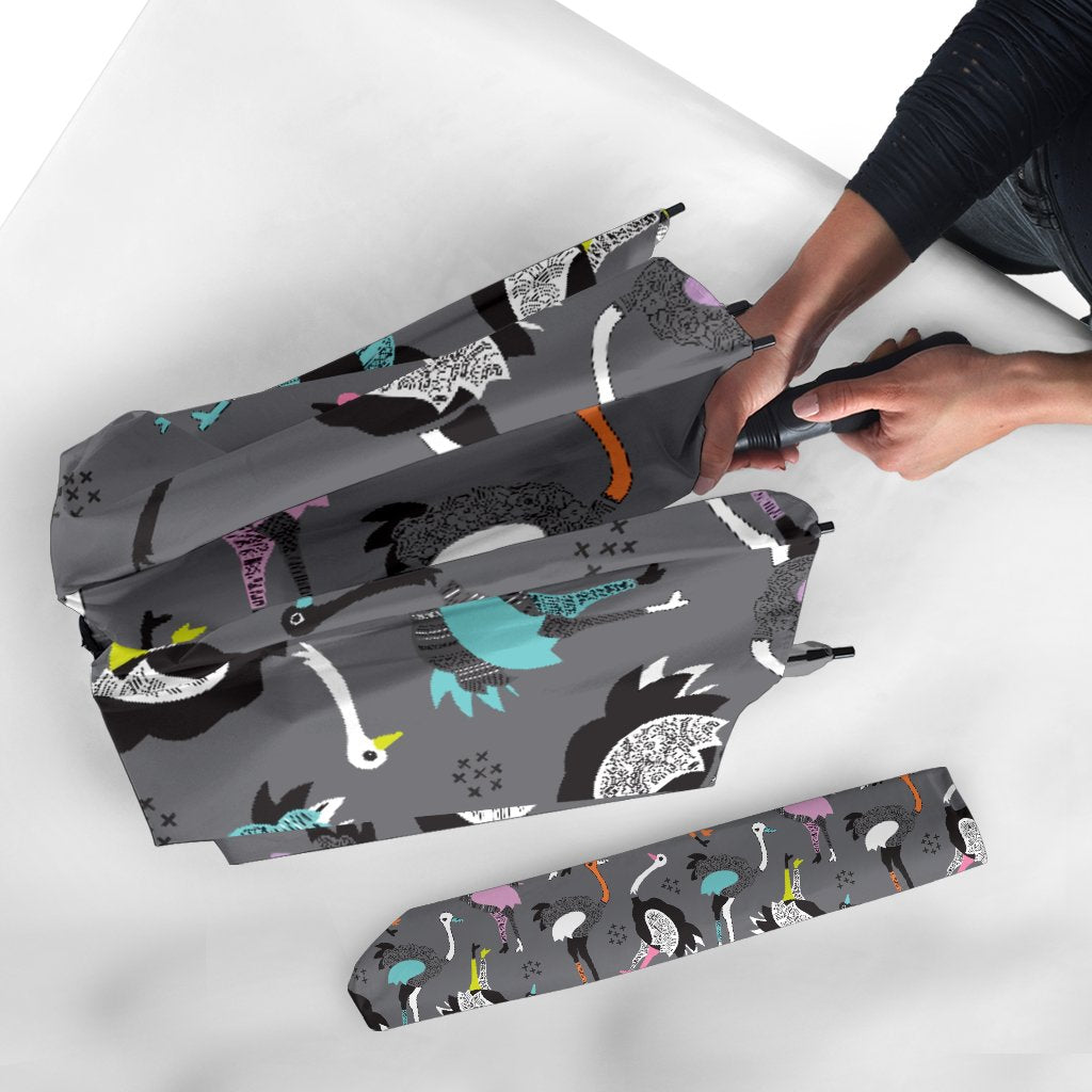 Ostrich Pattern Print Automatic Foldable Umbrella-grizzshop