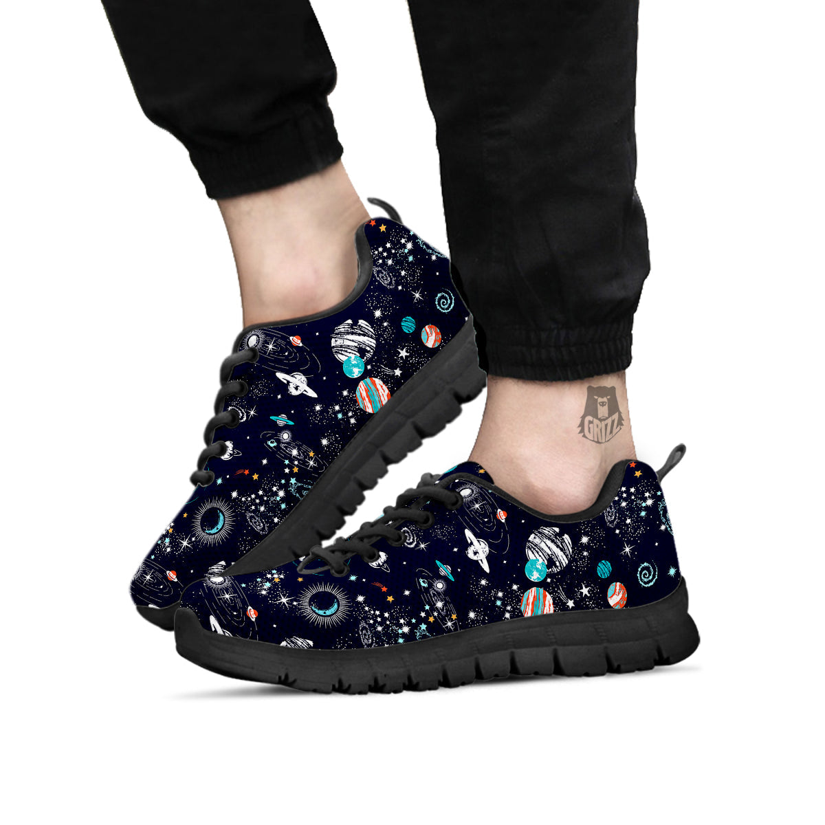 Outer Galaxy Space Universe Print Pattern Black Sneaker-grizzshop