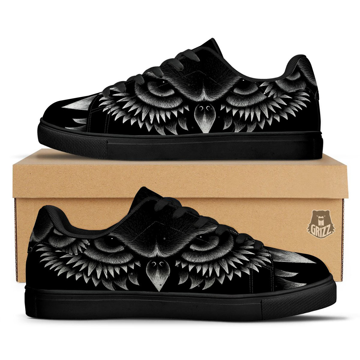 Owl Eyes Print Black Low Top Sneakers-grizzshop