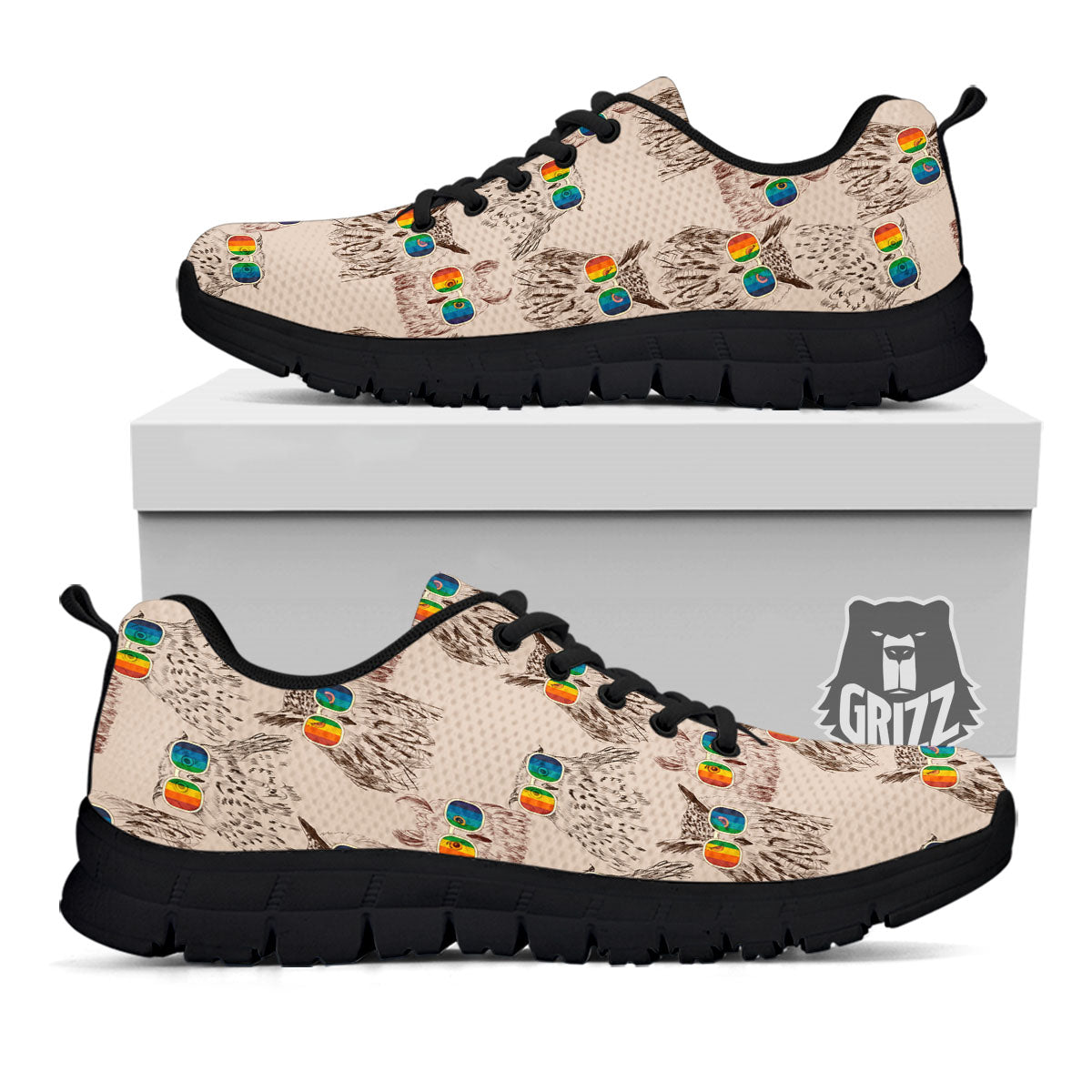 Owl Glasses Print Pattern Black Sneaker-grizzshop