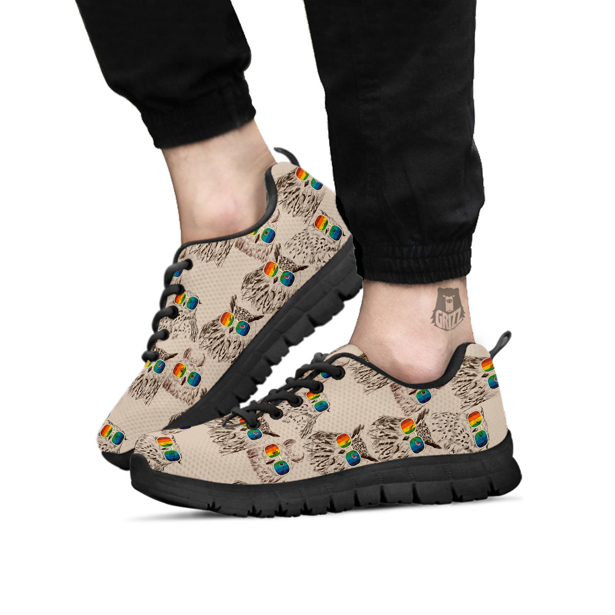 Owl Glasses Print Pattern Black Sneaker-grizzshop