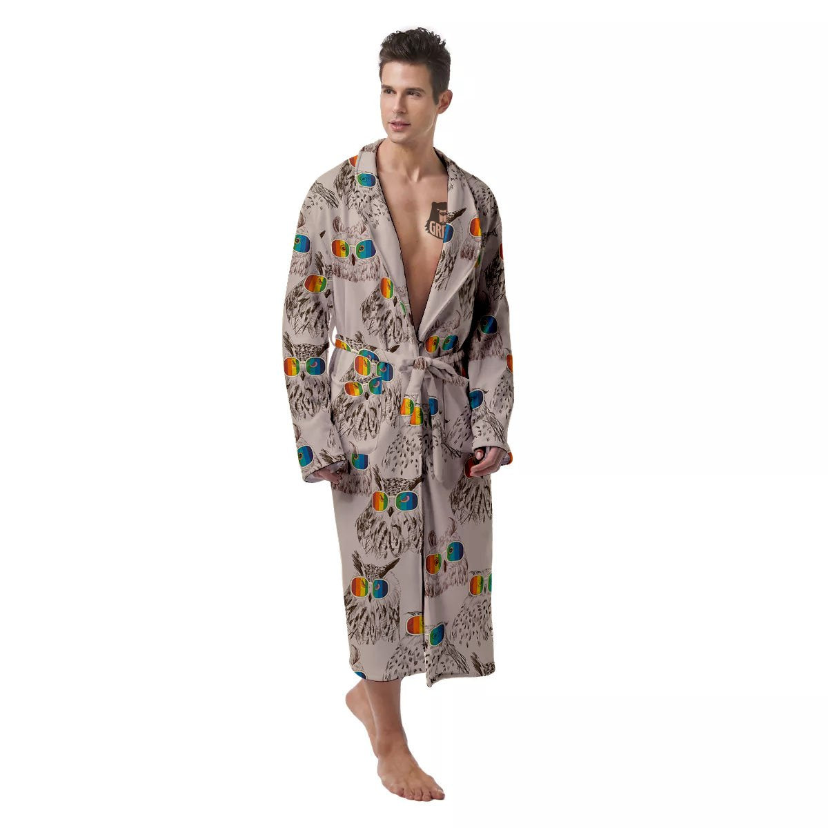 Owl Glasses Print Pattern Men's Robe-grizzshop