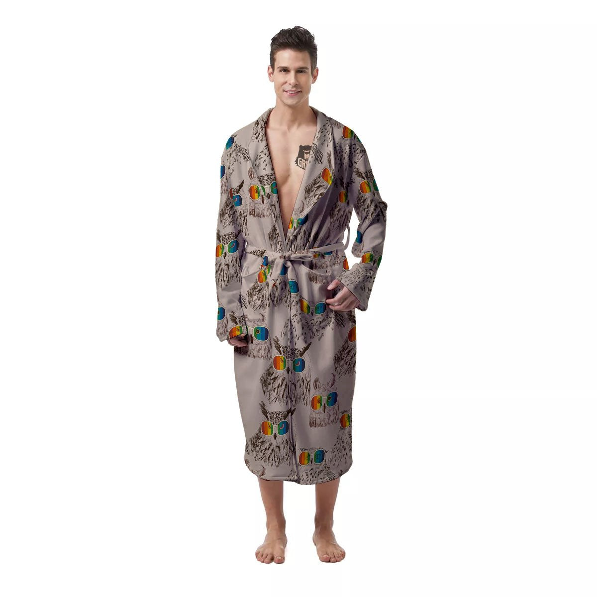 Owl Glasses Print Pattern Men's Robe-grizzshop