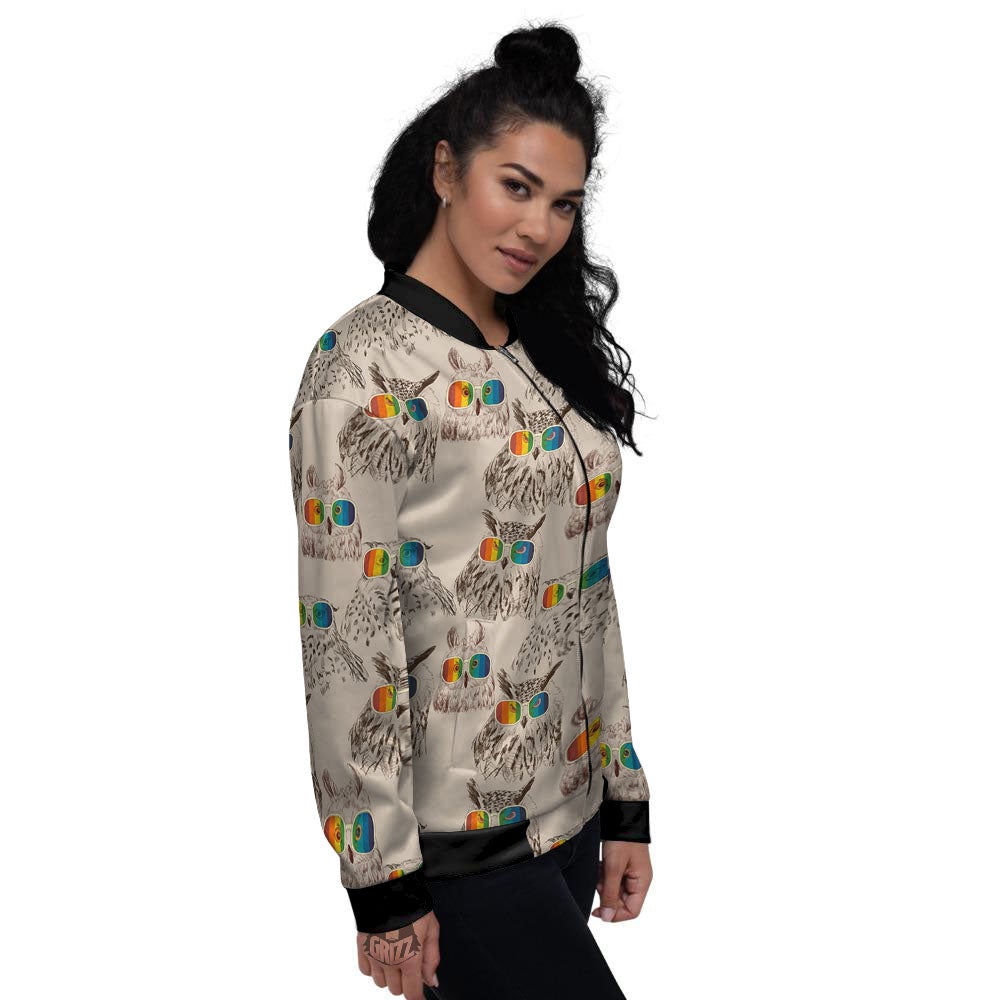 Owl Glasses Print Pattern Women's Bomber Jacket-grizzshop