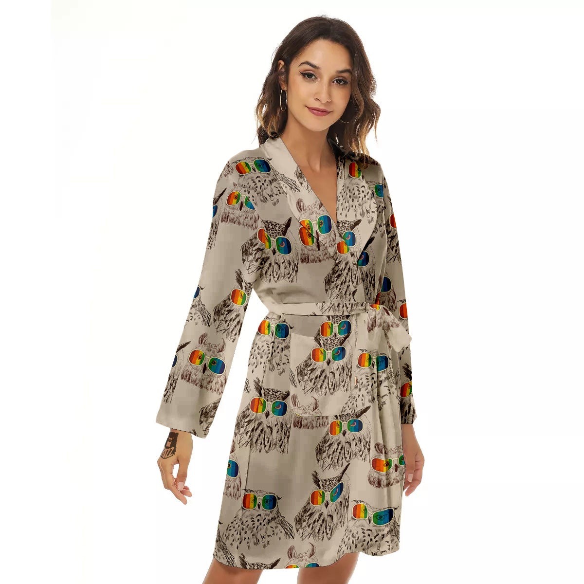Owl Glasses Print Pattern Women's Robe-grizzshop