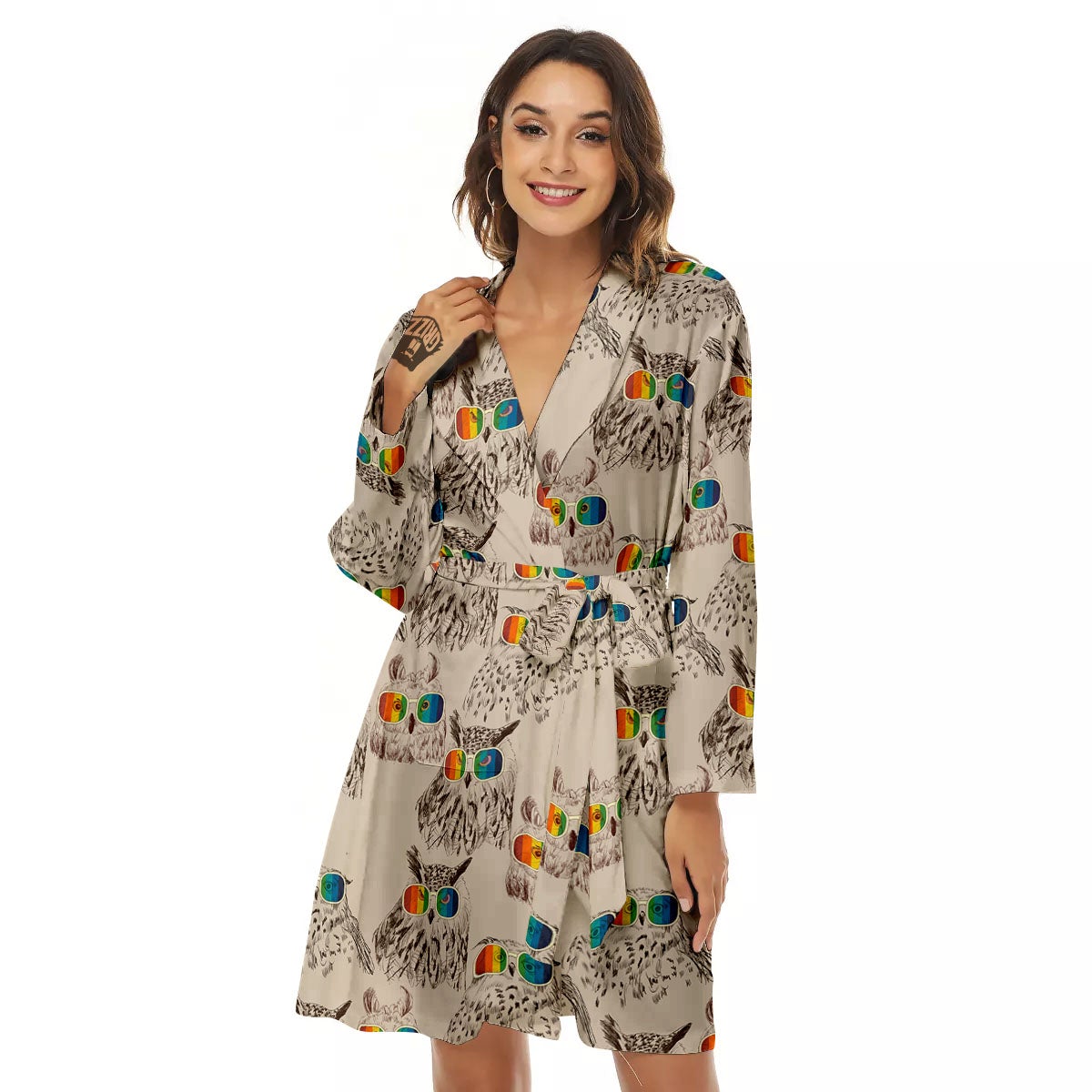 Owl Glasses Print Pattern Women's Robe-grizzshop