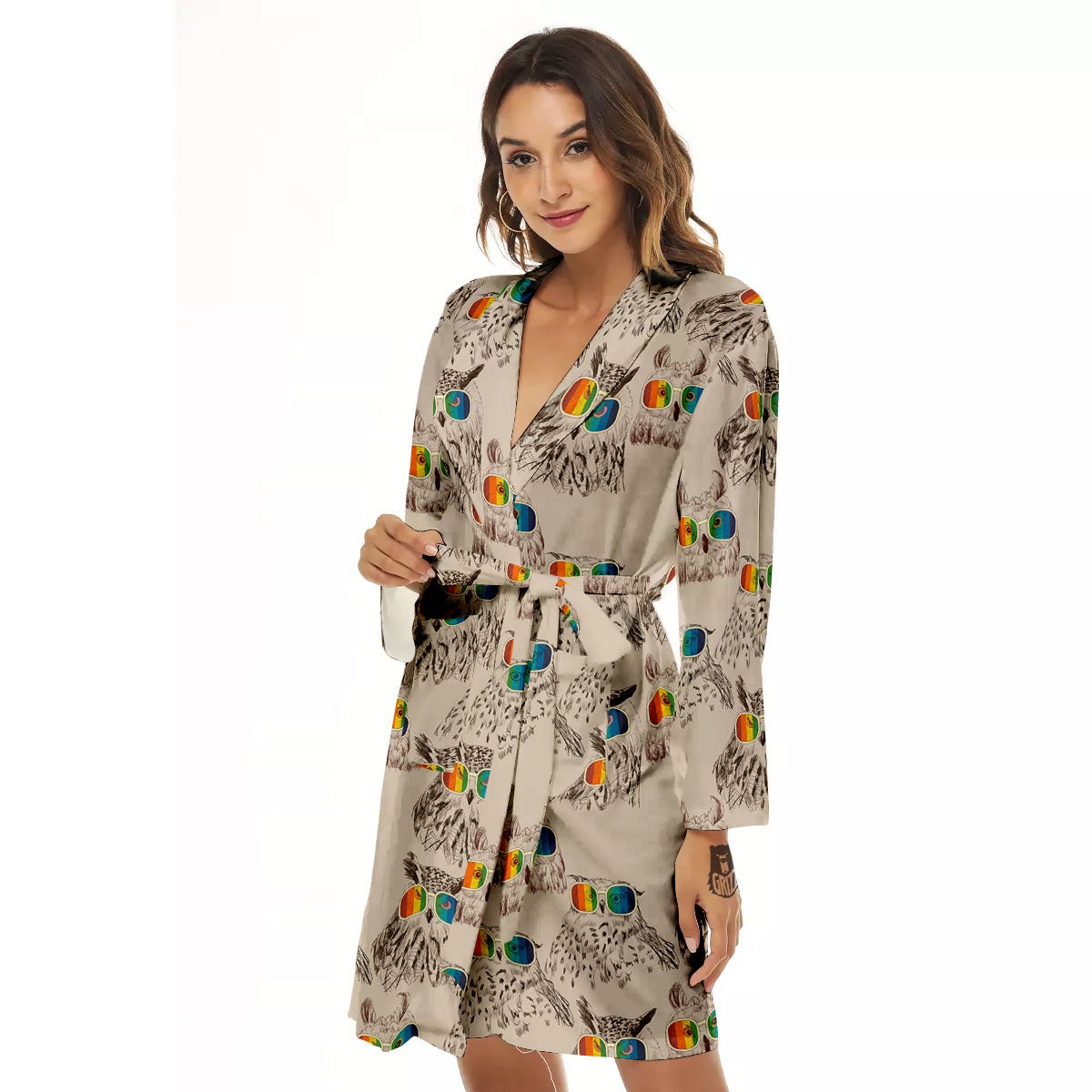 Owl Glasses Print Pattern Women's Robe-grizzshop