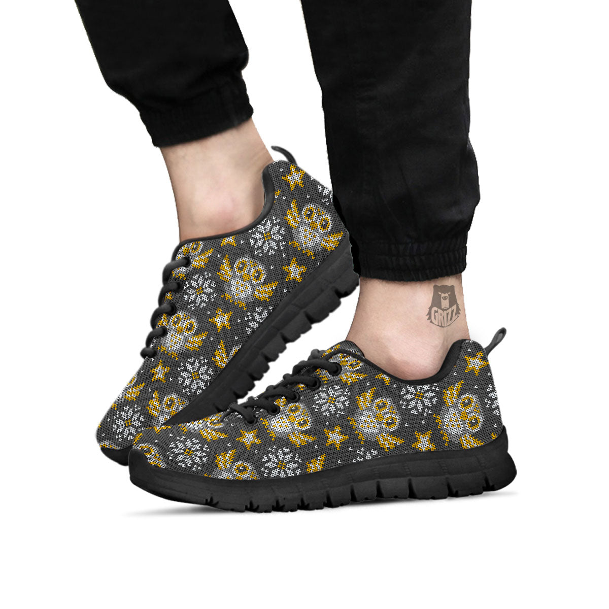 Owl Knitted Print Pattern Black Sneaker-grizzshop