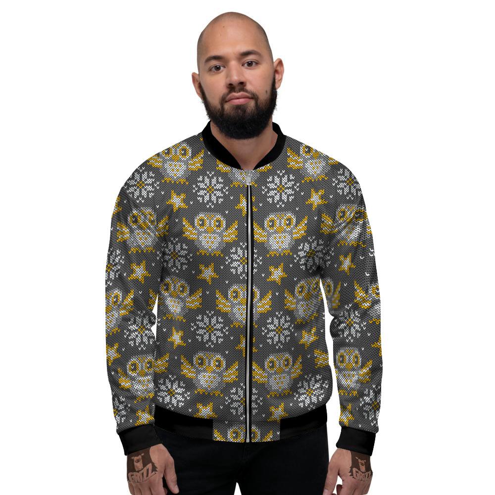 Owl Knitted Print Pattern Men's Bomber Jacket-grizzshop