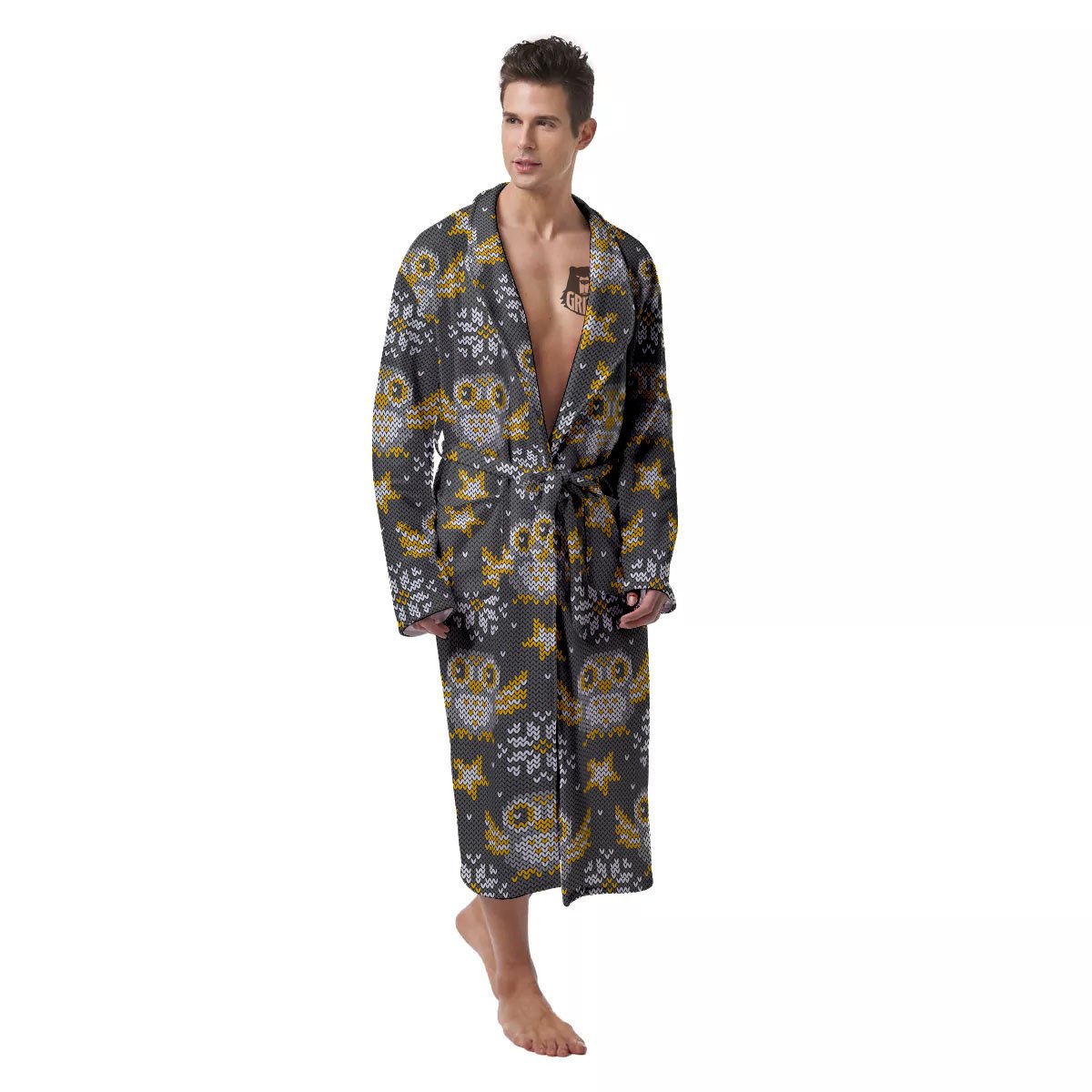 Owl Knitted Print Pattern Men's Robe-grizzshop