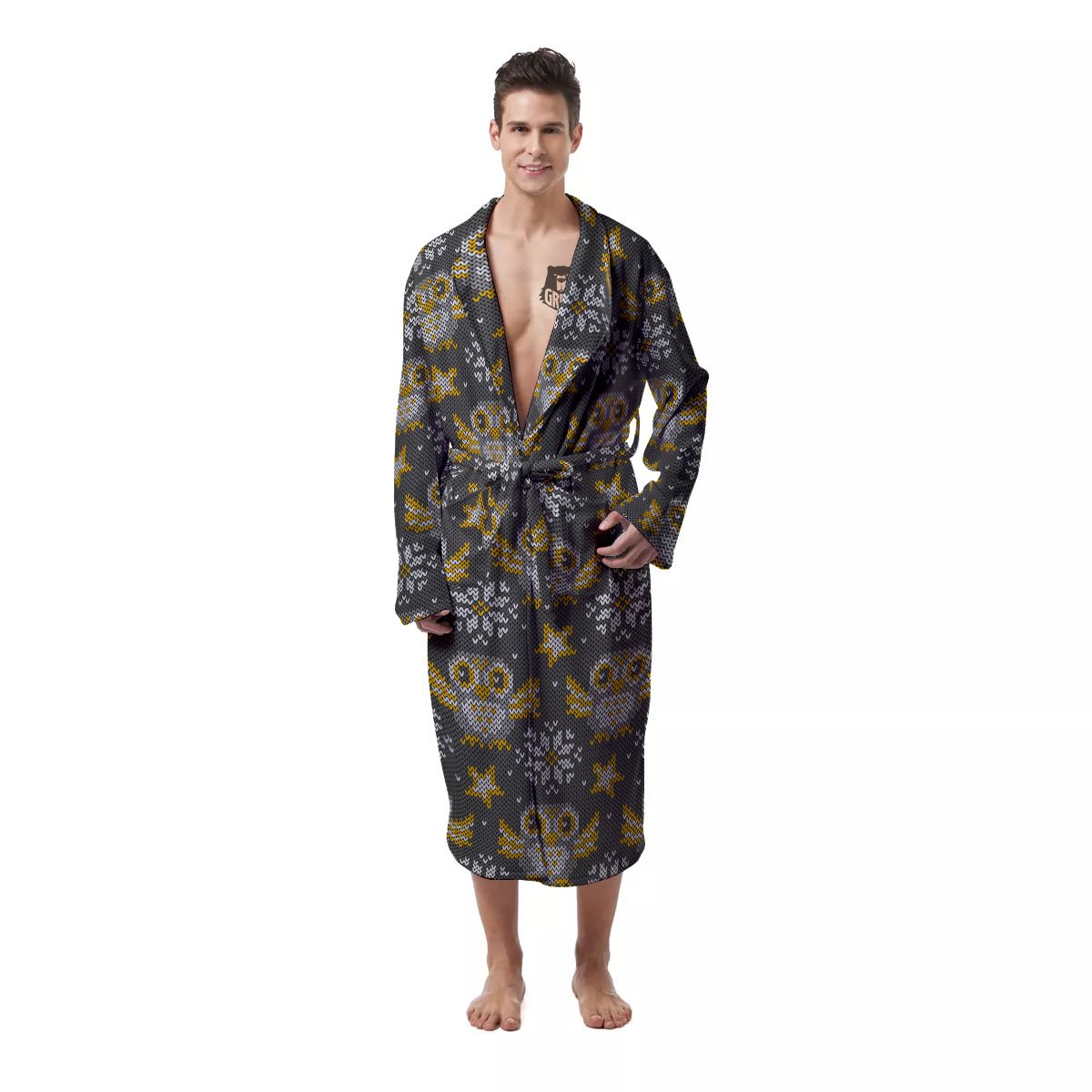 Owl Knitted Print Pattern Men's Robe-grizzshop