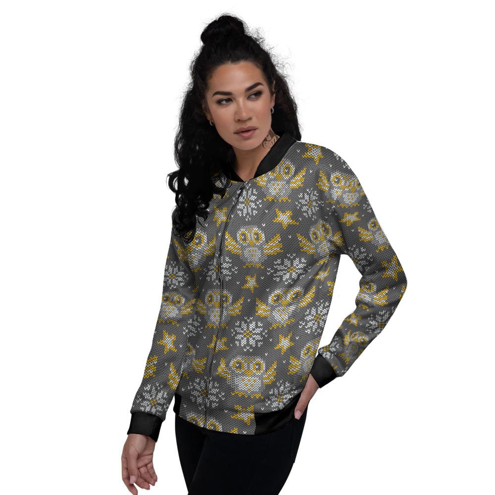 Owl Knitted Print Pattern Women's Bomber Jacket-grizzshop