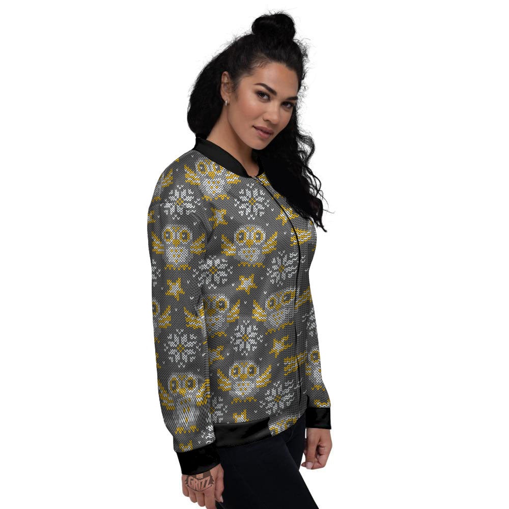 Owl Knitted Print Pattern Women's Bomber Jacket-grizzshop