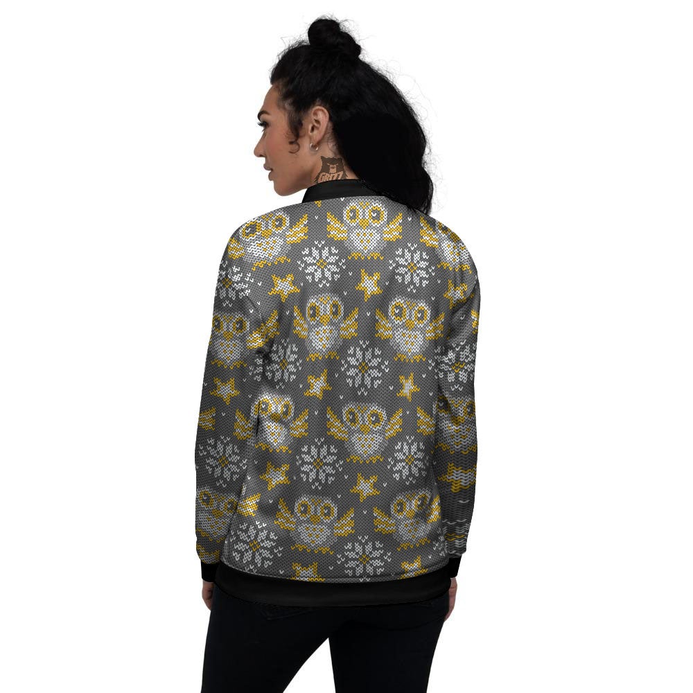 Owl Knitted Print Pattern Women's Bomber Jacket-grizzshop