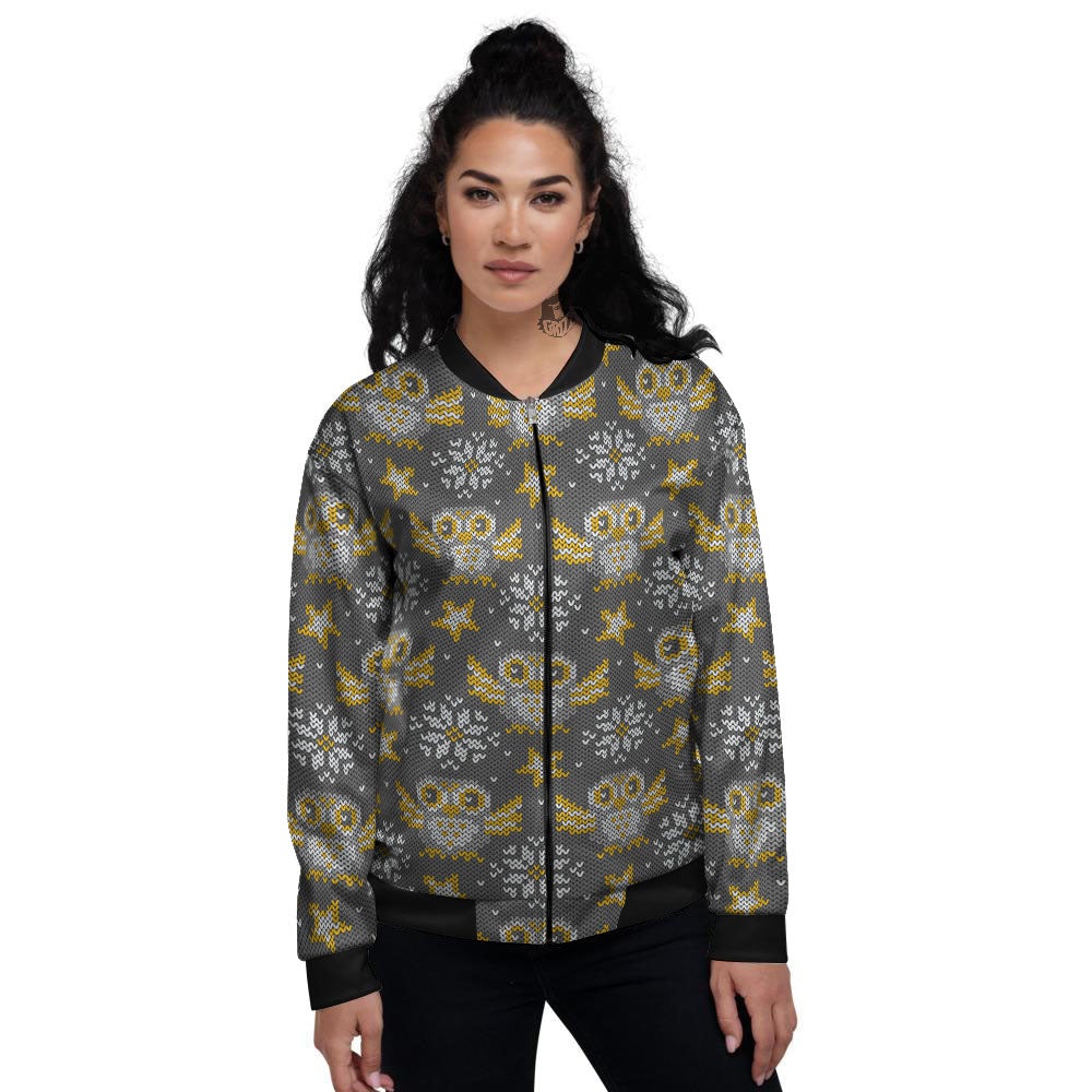 Owl Knitted Print Pattern Women's Bomber Jacket-grizzshop