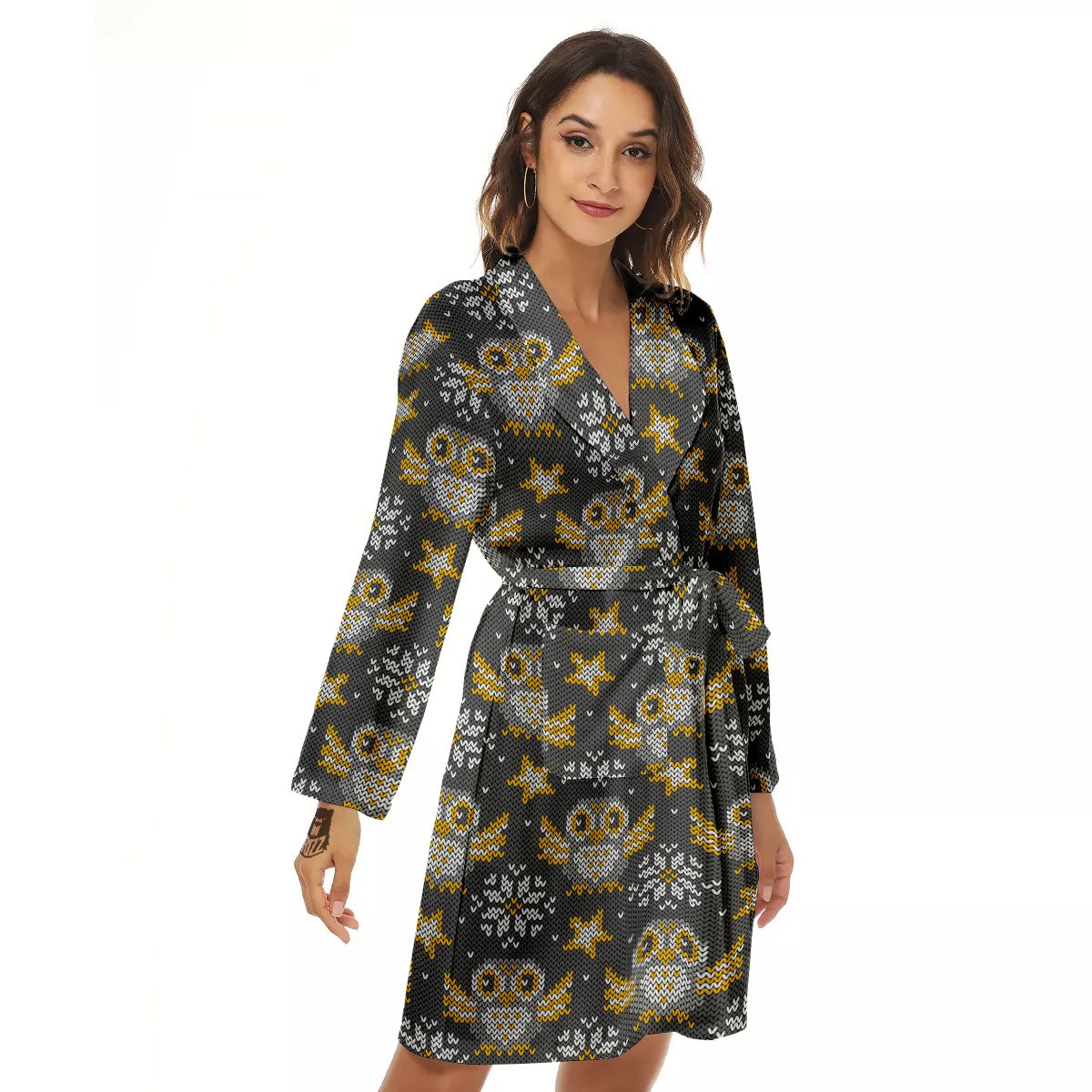 Owl Knitted Print Pattern Women's Robe-grizzshop