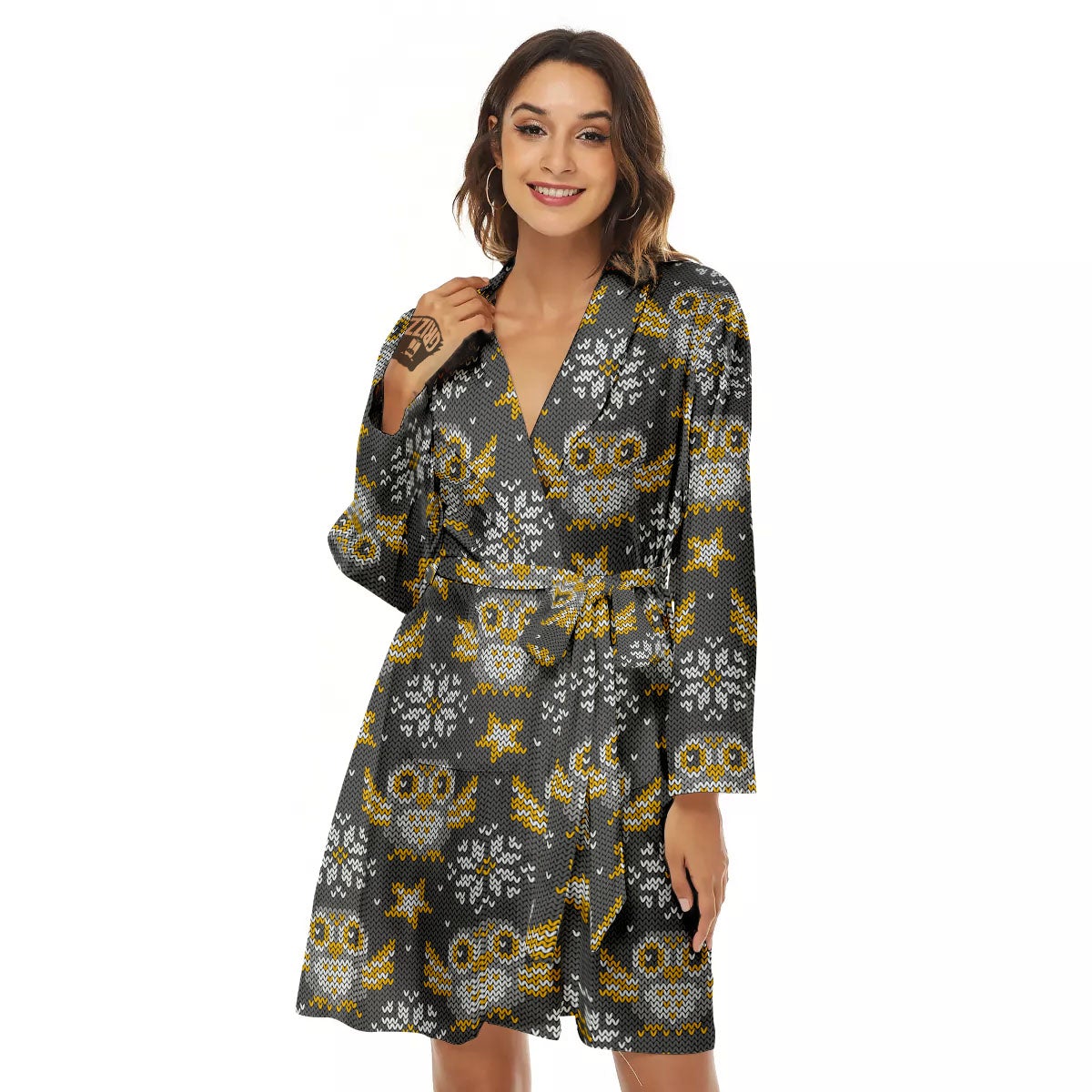 Owl Knitted Print Pattern Women's Robe-grizzshop