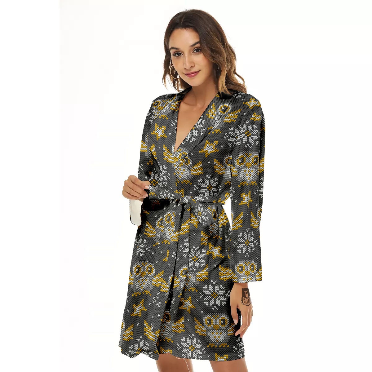 Owl Knitted Print Pattern Women's Robe-grizzshop