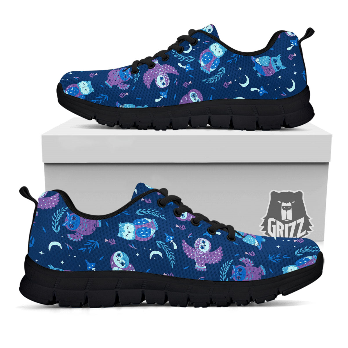 Owl Night Print Pattern Black Sneaker-grizzshop