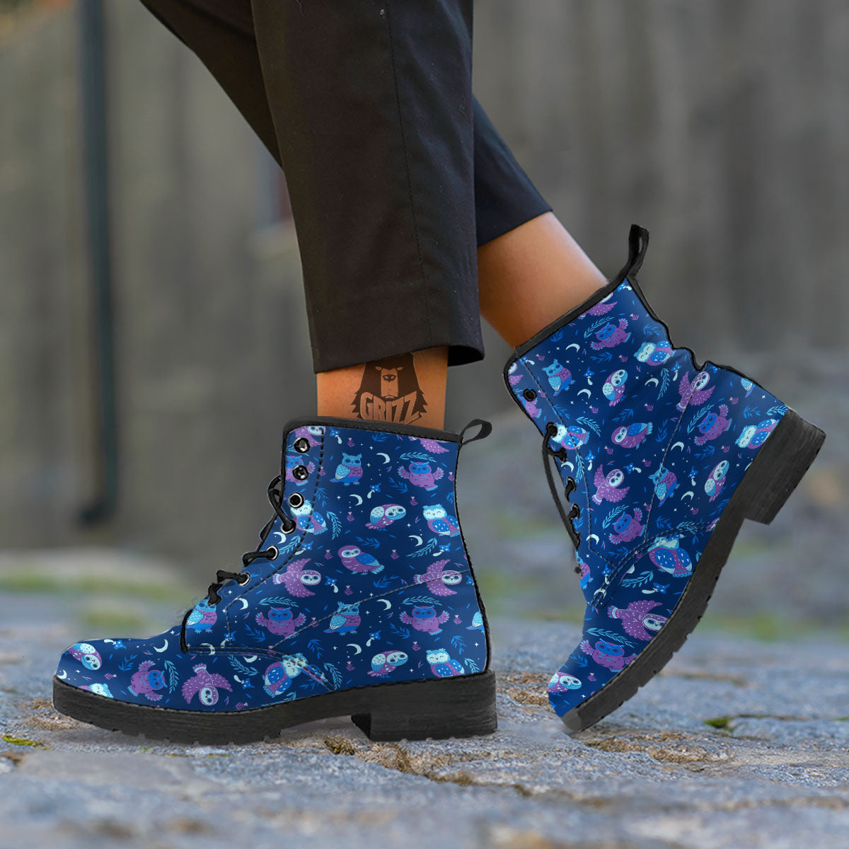 Owl Night Print Pattern Leather Boots-grizzshop