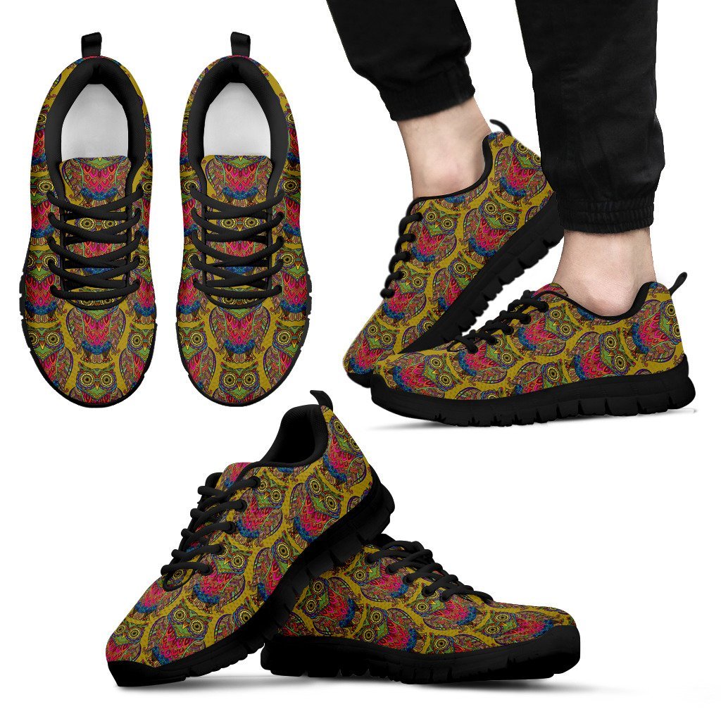Owl Ornamental Pattern Print Black Sneaker Shoes For Men Women-grizzshop
