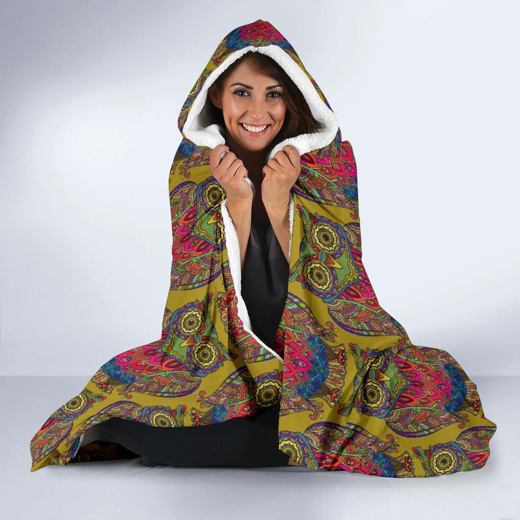 Owl Ornamental Pattern Print Hooded Blanket-grizzshop