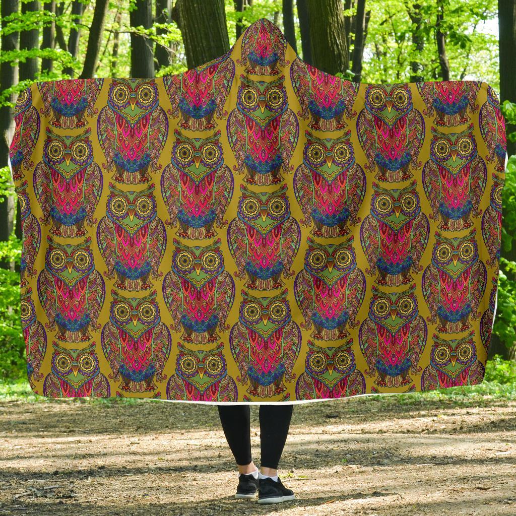 Owl Ornamental Pattern Print Hooded Blanket-grizzshop