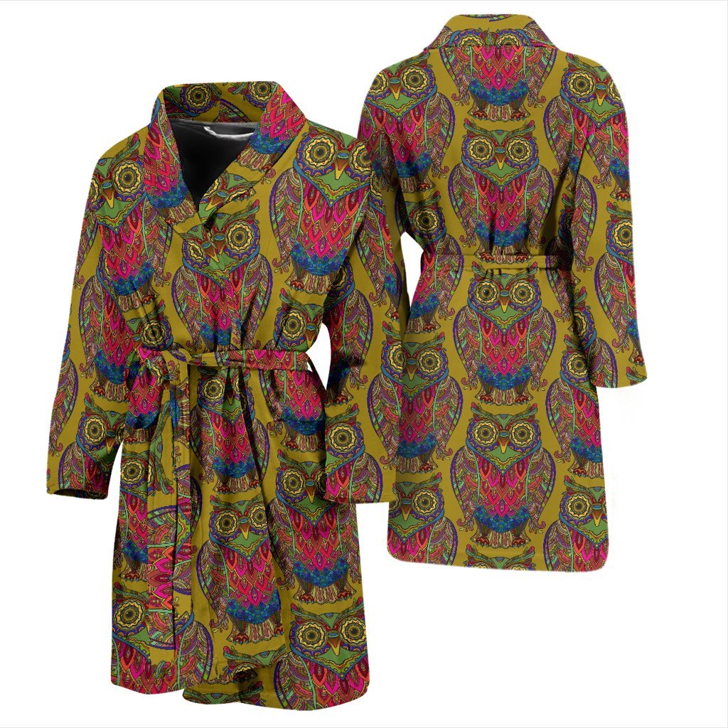 Owl Ornamental Pattern Print Men Long Robe-grizzshop