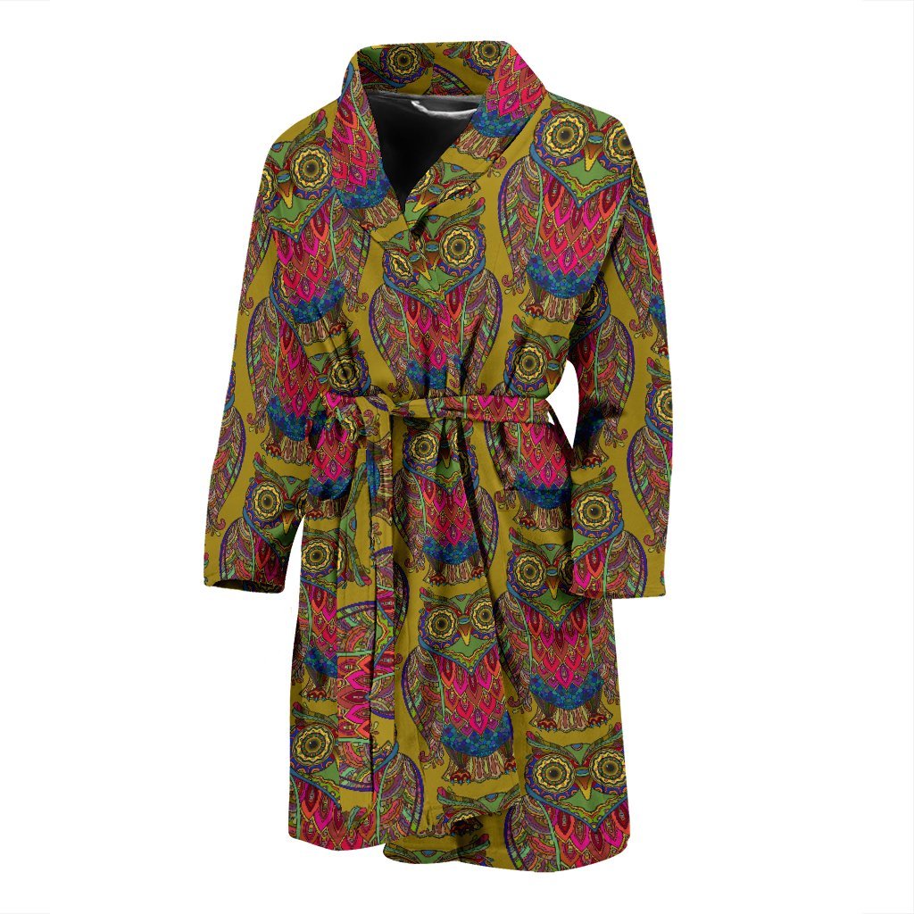Owl Ornamental Pattern Print Men Long Robe-grizzshop