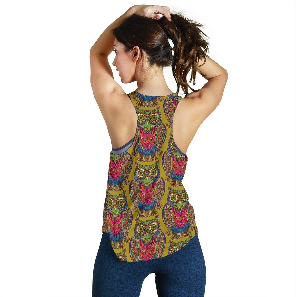 Owl Ornamental Pattern Print Women's Racerback Tank Tops-grizzshop