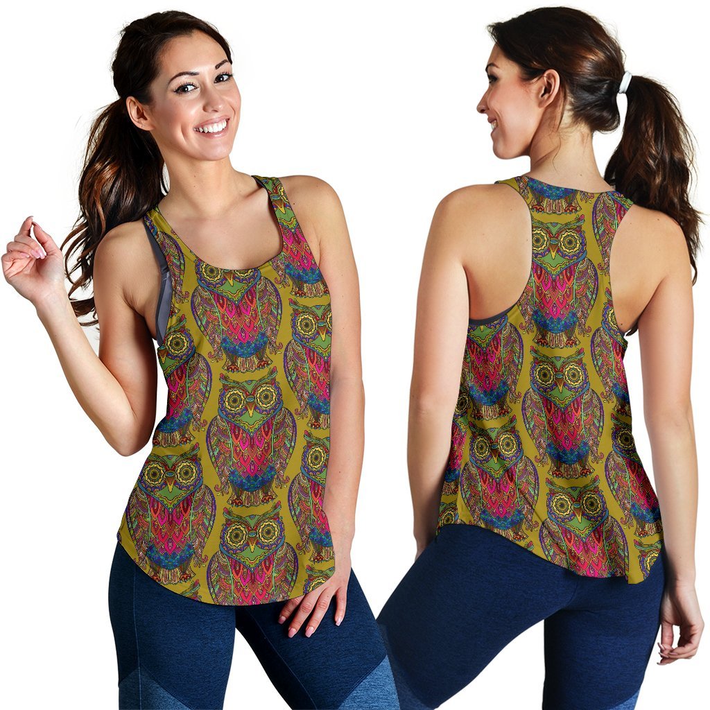 Owl Ornamental Pattern Print Women's Racerback Tank Tops-grizzshop
