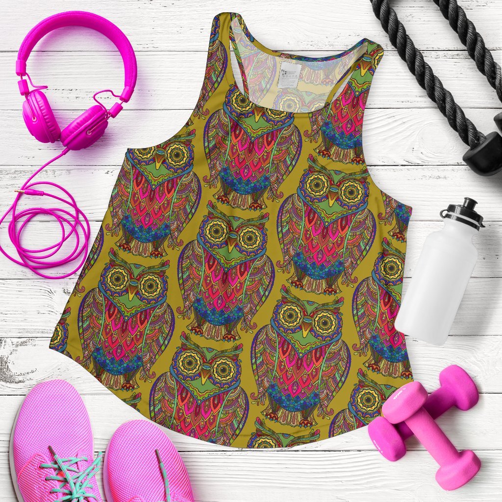 Owl Ornamental Pattern Print Women's Racerback Tank Tops-grizzshop