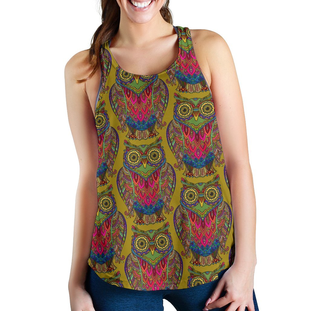 Owl Ornamental Pattern Print Women's Racerback Tank Tops-grizzshop