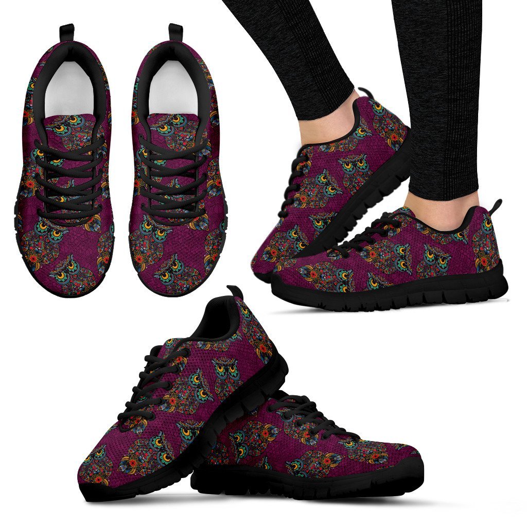 Owl Ornamental Print Pattern Black Sneaker Shoes For Men Women-grizzshop