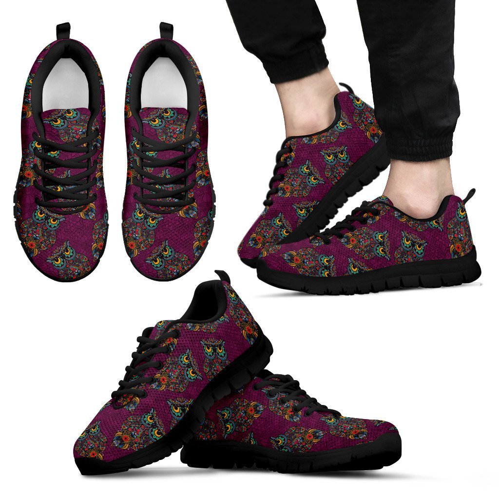 Owl Ornamental Print Pattern Black Sneaker Shoes For Men Women-grizzshop