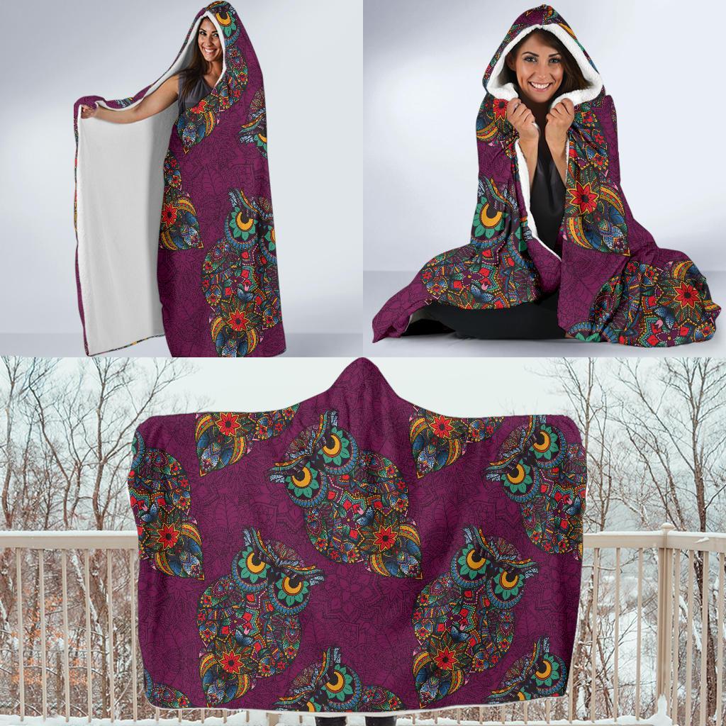 Owl Ornamental Print Pattern Hooded Blanket-grizzshop