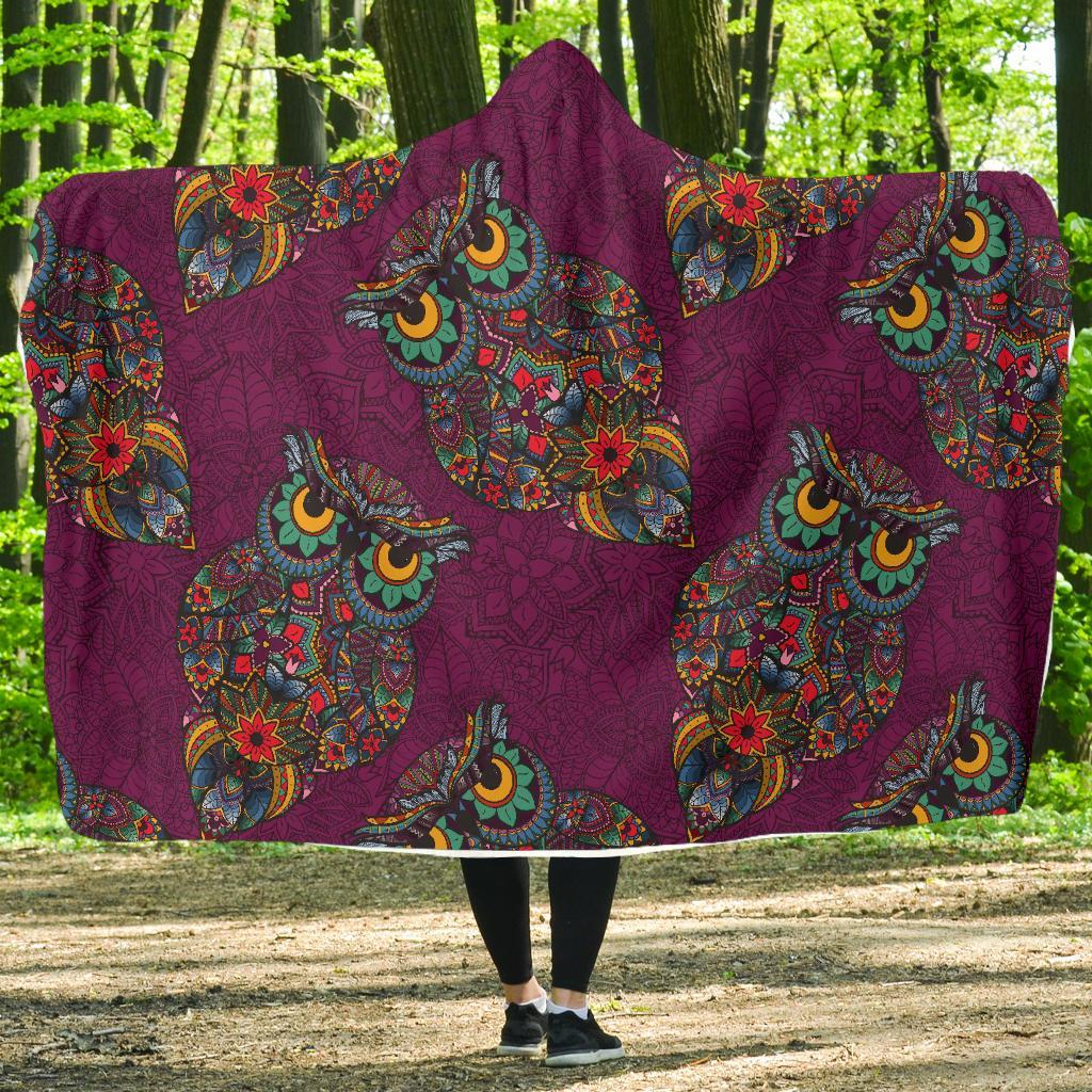Owl Ornamental Print Pattern Hooded Blanket-grizzshop
