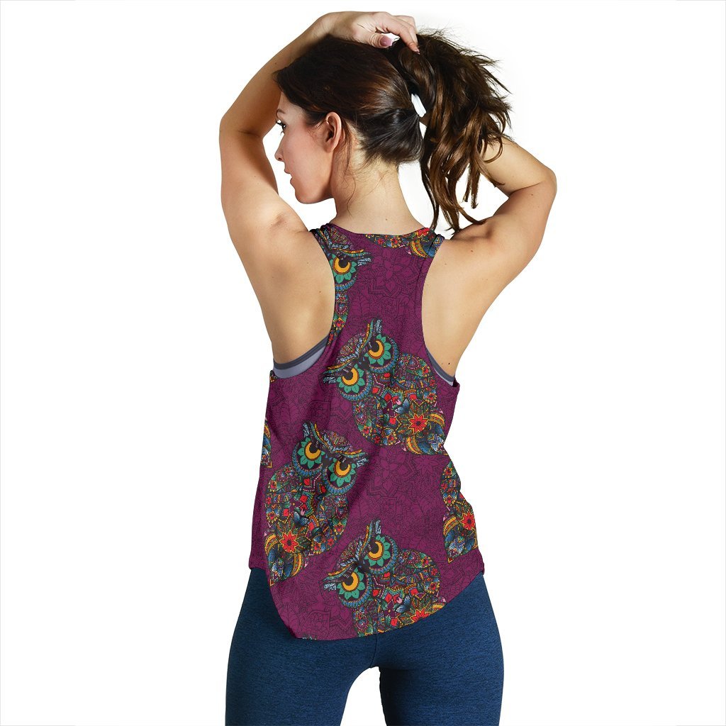 Owl Ornamental Print Pattern Women's Racerback Tank Tops-grizzshop