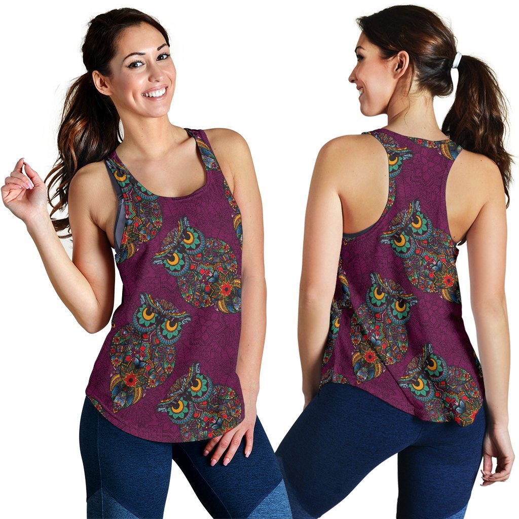 Owl Ornamental Print Pattern Women's Racerback Tank Tops-grizzshop