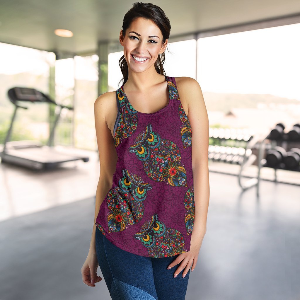 Owl Ornamental Print Pattern Women's Racerback Tank Tops-grizzshop