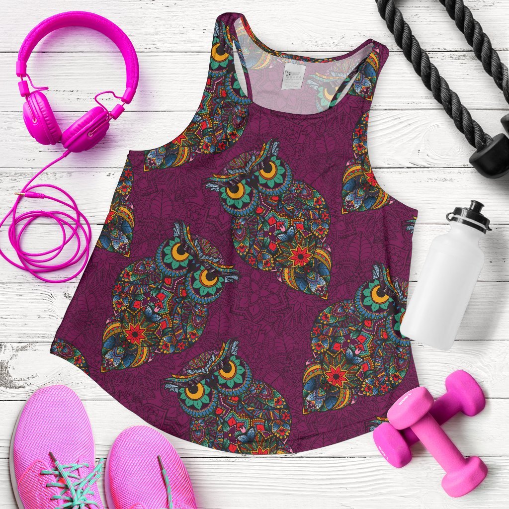 Owl Ornamental Print Pattern Women's Racerback Tank Tops-grizzshop