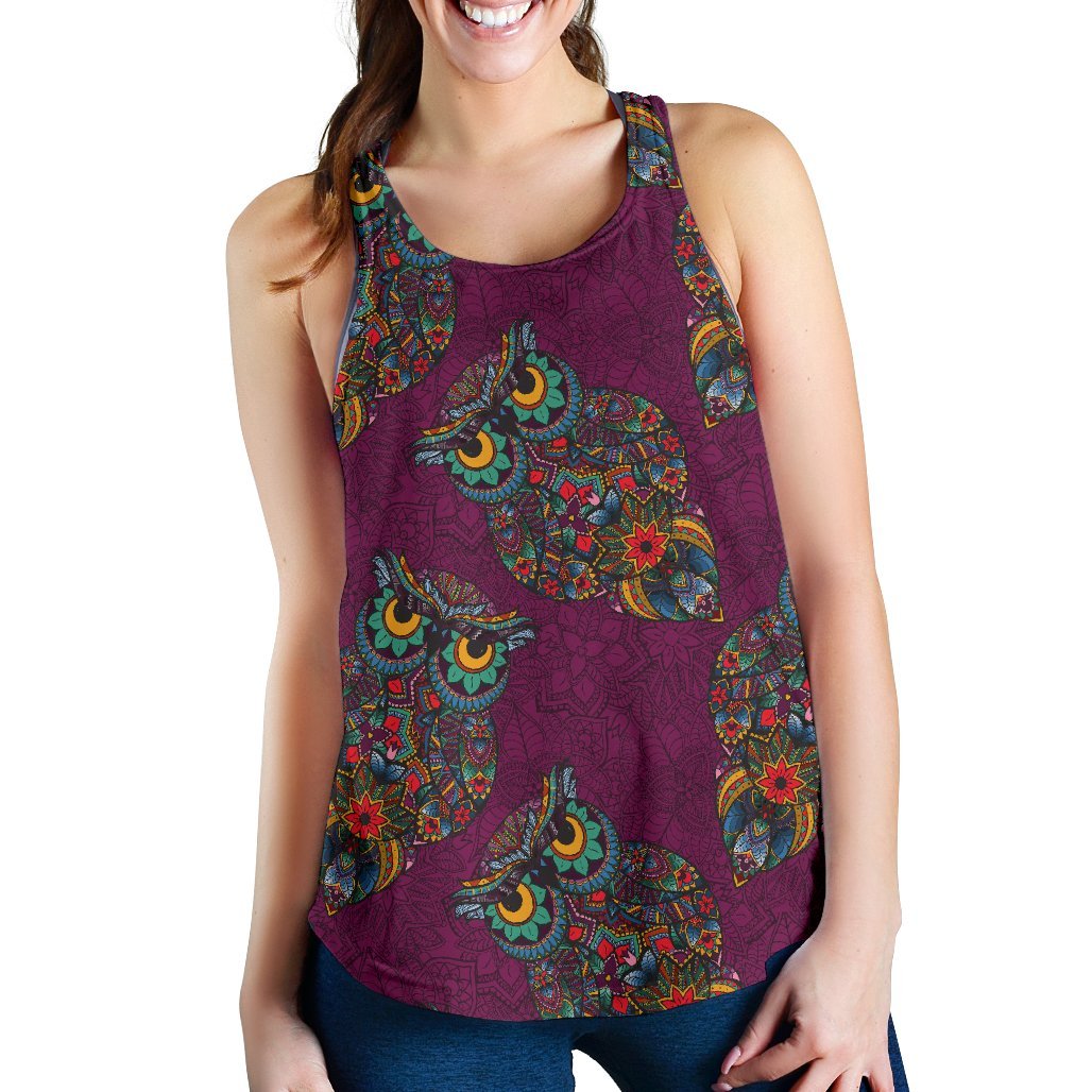 Owl Ornamental Print Pattern Women's Racerback Tank Tops-grizzshop
