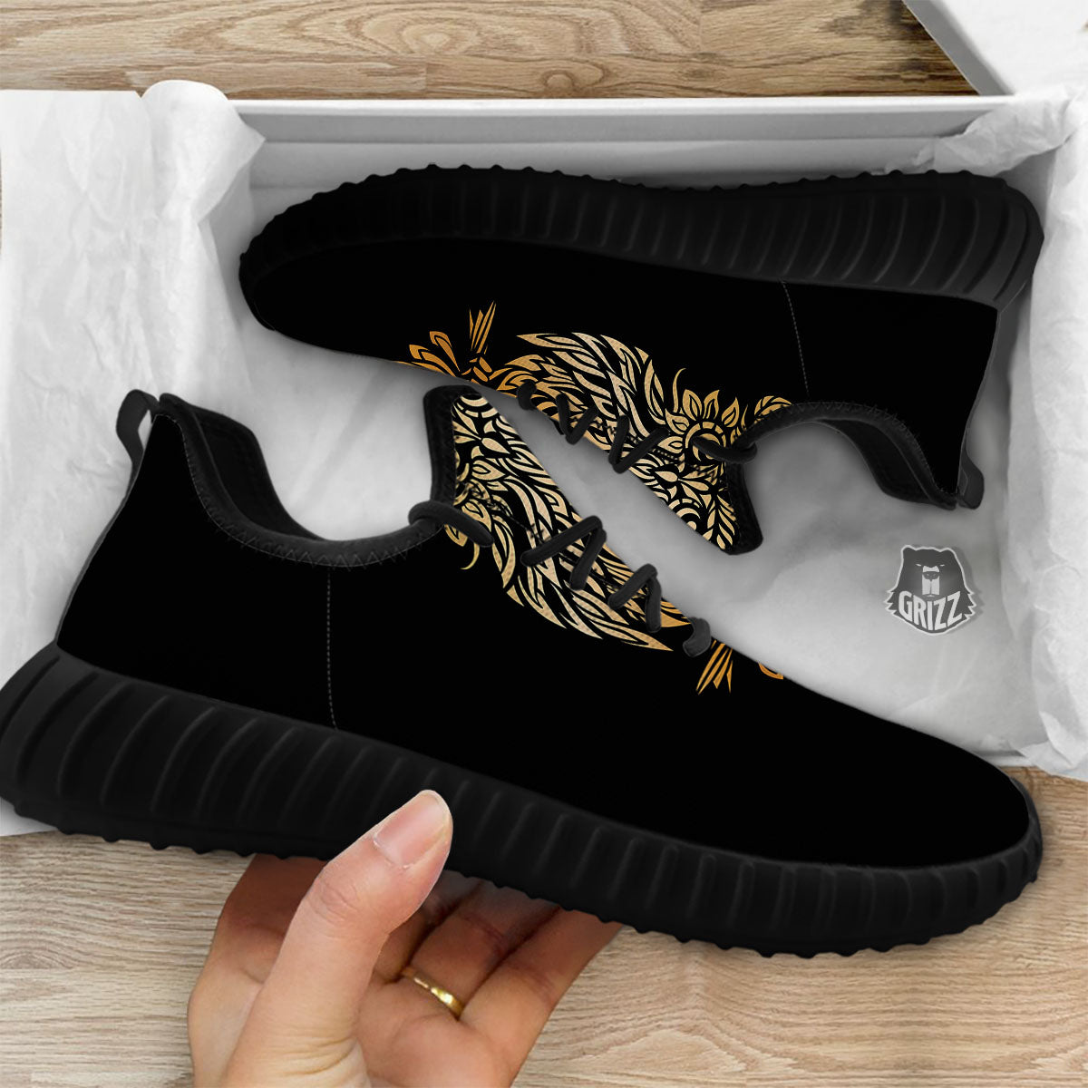 Owl Spiritual Golden Print Black Walking Shoes-grizzshop